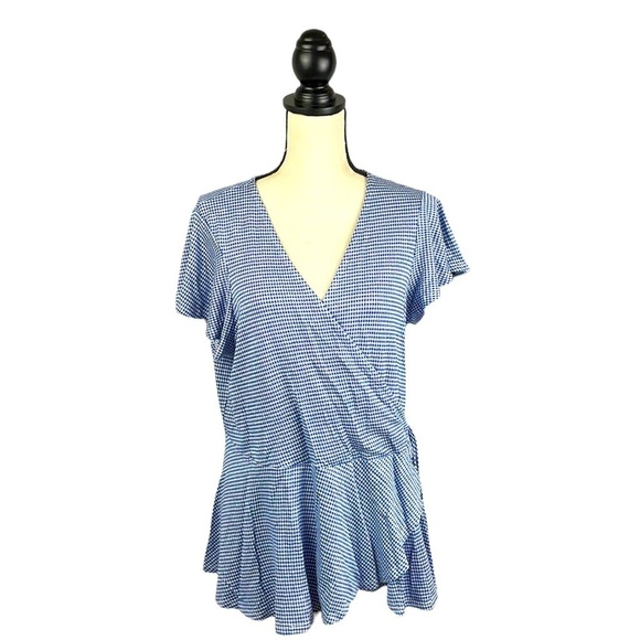 NWT Delancey studio Wrap Blouse Shirt SZ 1X Checkered Blue/White Stretch Comfy - Picture 1 of 11